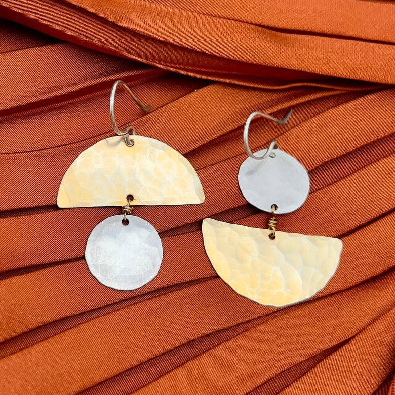 Small Opposite Half Moon Earrings: Gold Half Moon Silver Circle