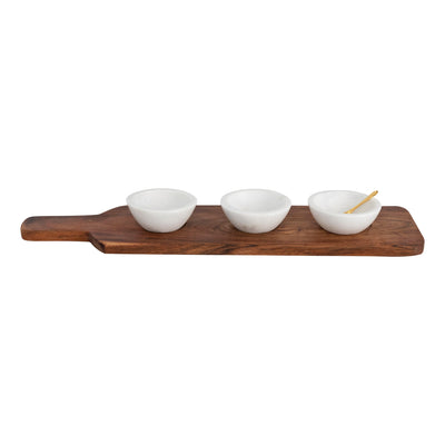 Acacia Wood Tray with 3 Marble Bowls & Brass Spoon