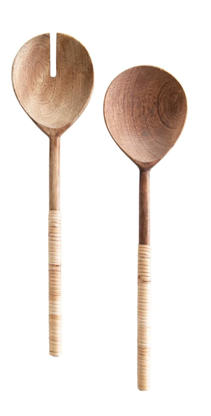 Wooden Salad Servers with Bamboo Wrapped Handles