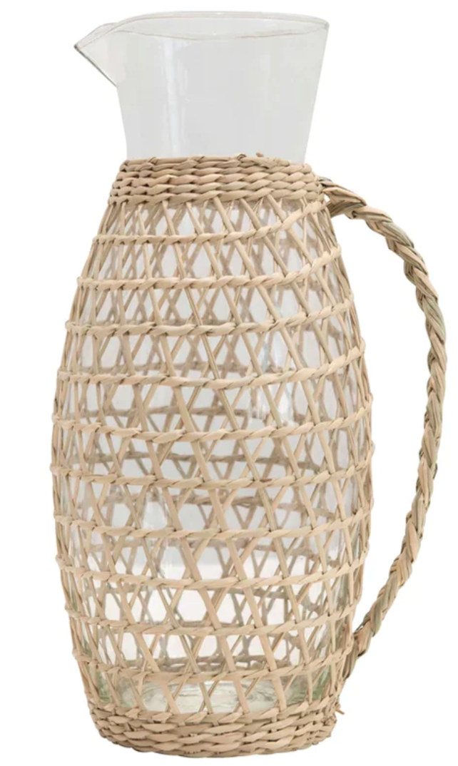 GLASS PITCHER WITH WOVEN SEAGRASS SLEEVE