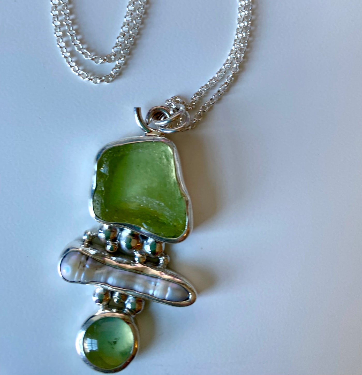 Maine sea glass, pearl, and phrenite necklace