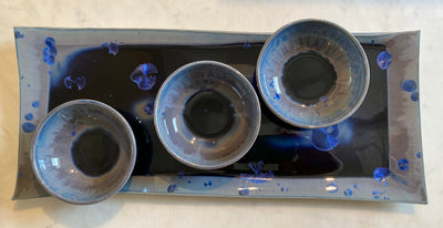 Midnight-Blue Crystalline Glazed Tray with Three Bowls (set)