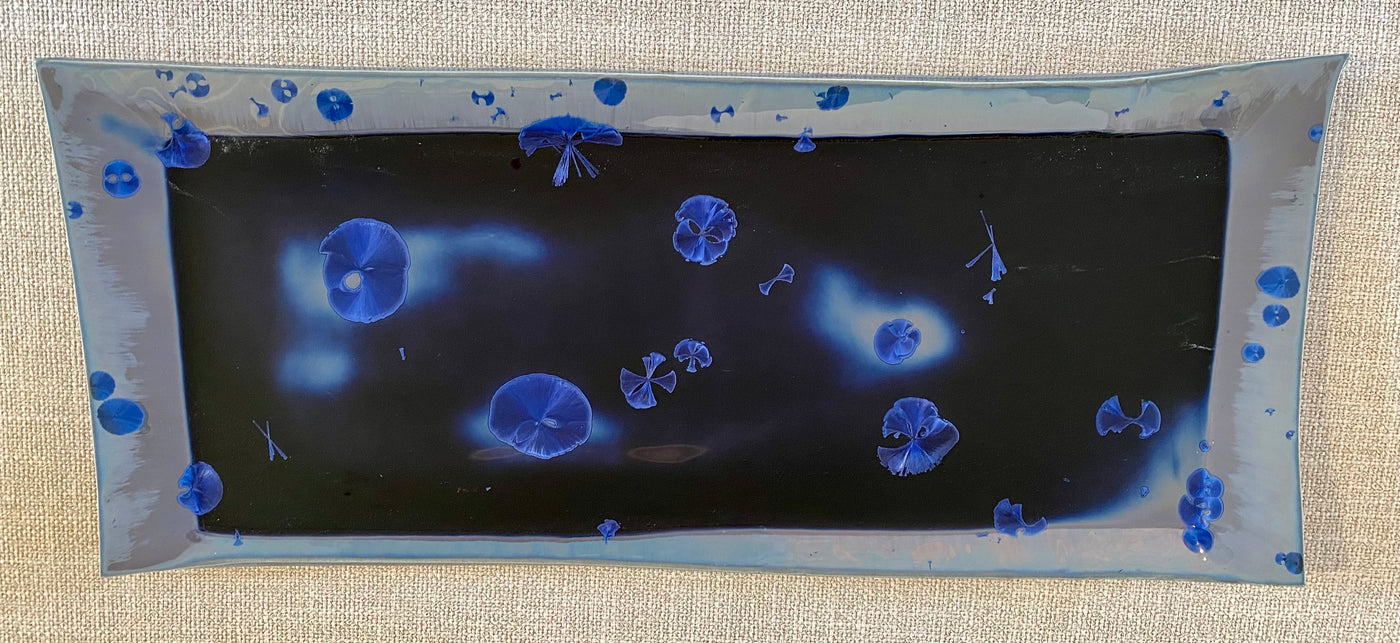 Midnight-Blue Crystalline Glazed Tray with Three Bowls (set)